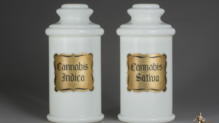 Identical Milk White Cannabis Sativa and Indica Bottles